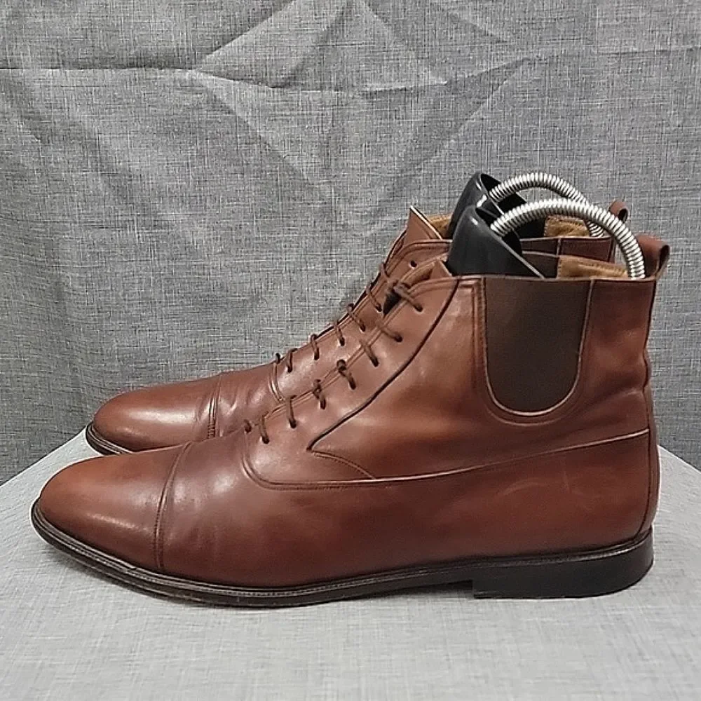 Mezlan Camden Cognac Brown Leather Chelsea Ankle Boots Lace-Up Men's SZ 14M